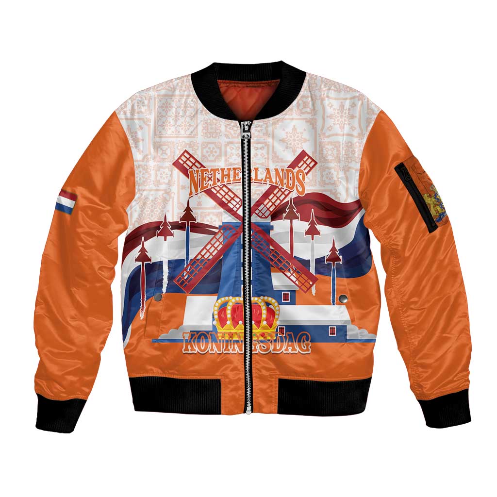 Netherlands King's Day Sleeve Zip Bomber Jacket Windmill With Nederland Pattern