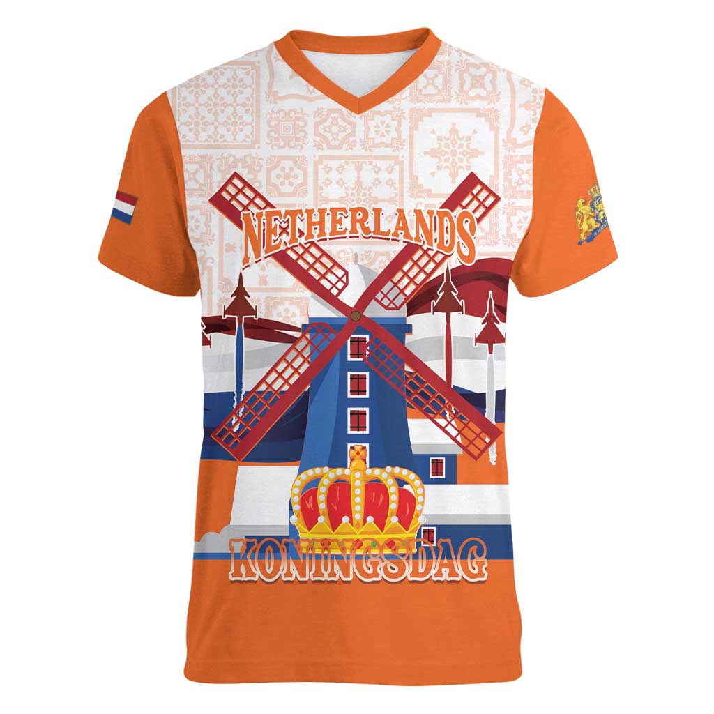 Netherlands King's Day Women V-Neck T-Shirt Windmill With Nederland Pattern