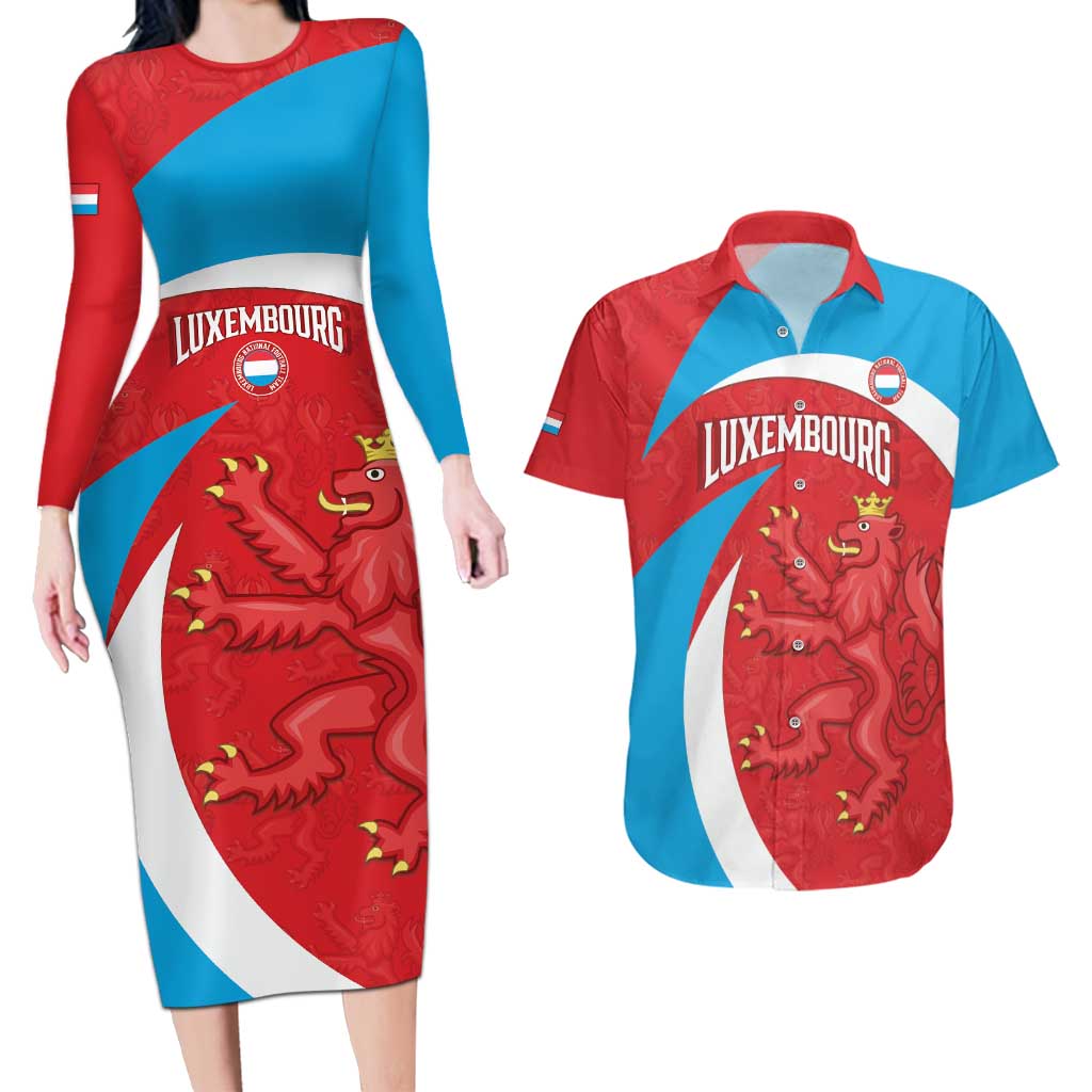 Custom Luxembourg Football Couples Matching Long Sleeve Bodycon Dress and Hawaiian Shirt Allez Les Lions Rouges