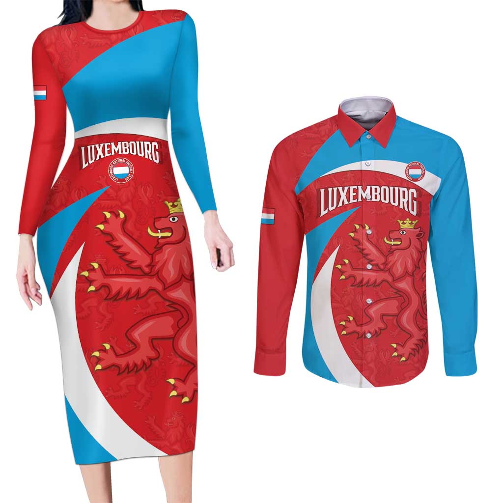 Custom Luxembourg Football Couples Matching Long Sleeve Bodycon Dress and Long Sleeve Button Shirt Allez Les Lions Rouges