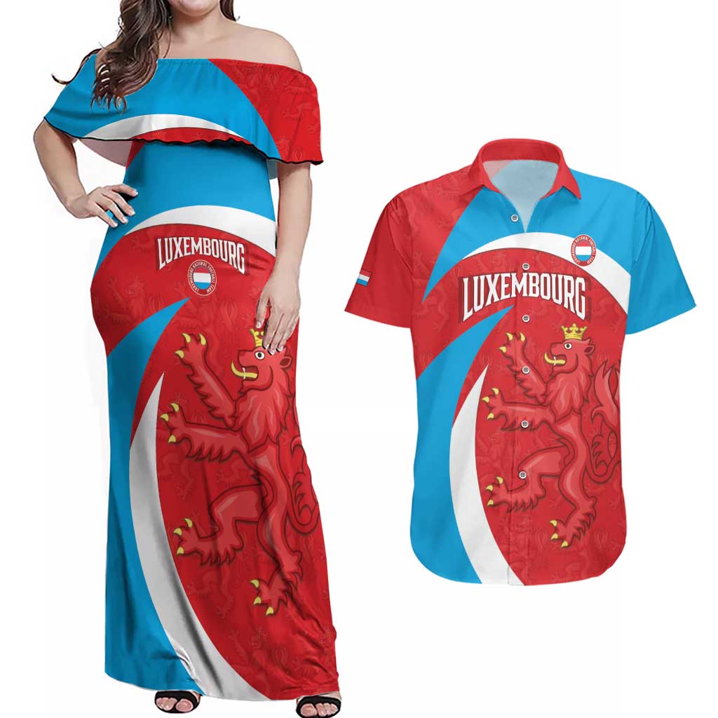 Custom Luxembourg Football Couples Matching Off Shoulder Maxi Dress and Hawaiian Shirt Allez Les Lions Rouges