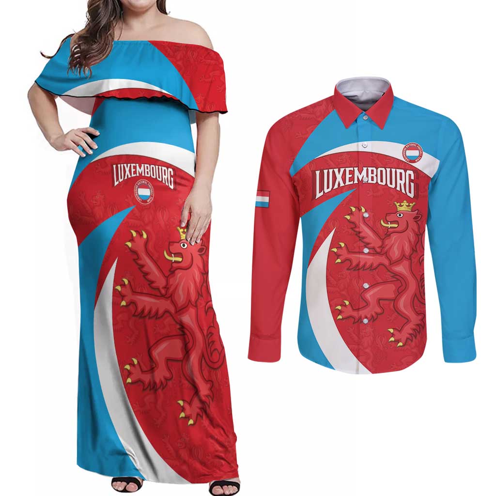 Custom Luxembourg Football Couples Matching Off Shoulder Maxi Dress and Long Sleeve Button Shirt Allez Les Lions Rouges