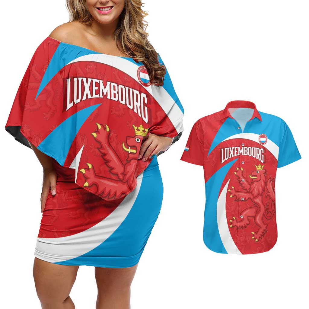 Custom Luxembourg Football Couples Matching Off Shoulder Short Dress and Hawaiian Shirt Allez Les Lions Rouges