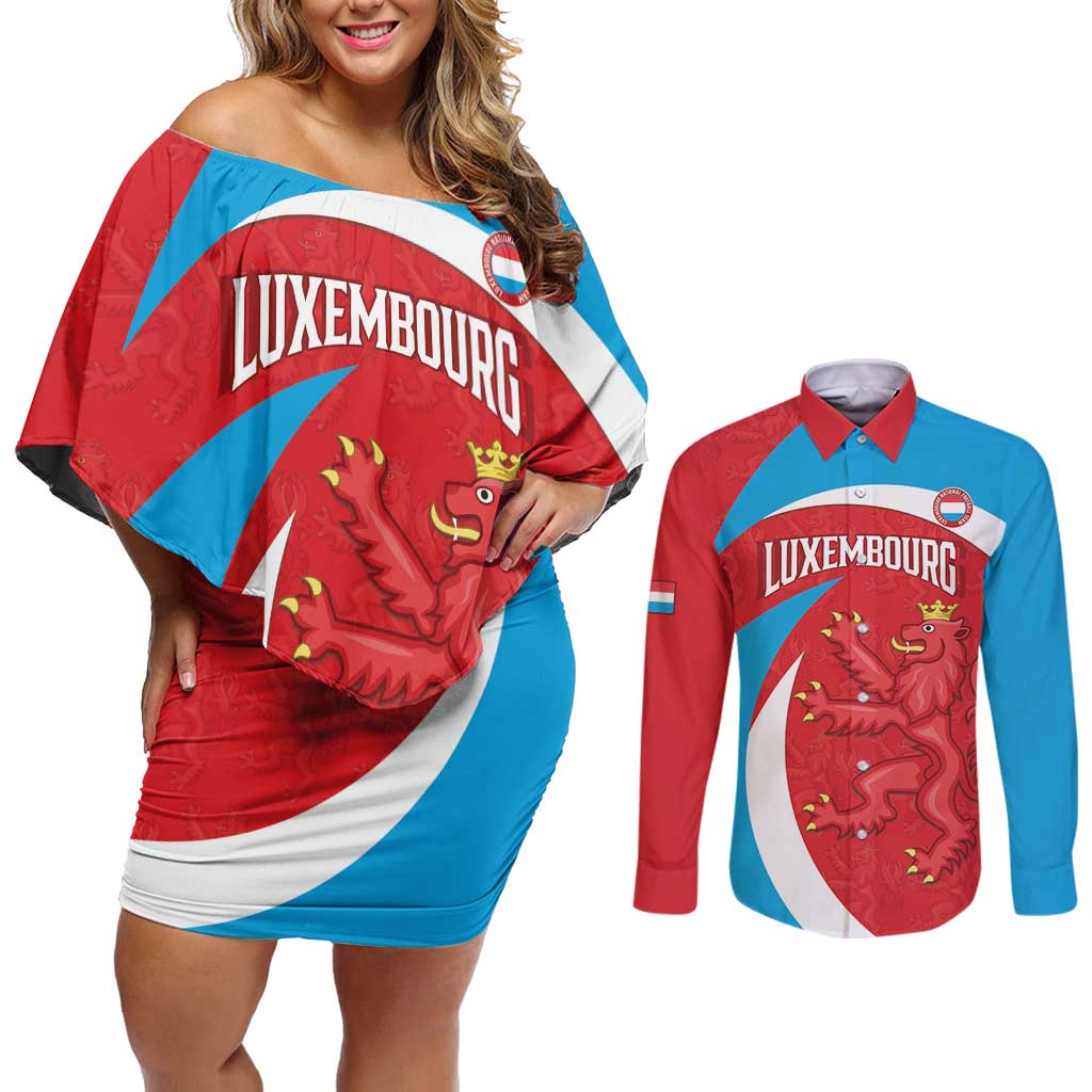 Custom Luxembourg Football Couples Matching Off Shoulder Short Dress and Long Sleeve Button Shirt Allez Les Lions Rouges