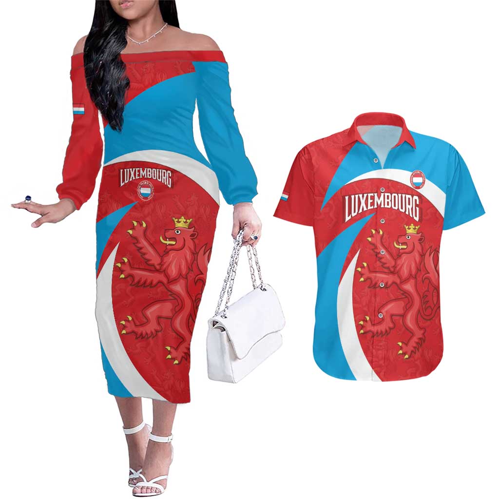 Custom Luxembourg Football Couples Matching Off The Shoulder Long Sleeve Dress and Hawaiian Shirt Allez Les Lions Rouges