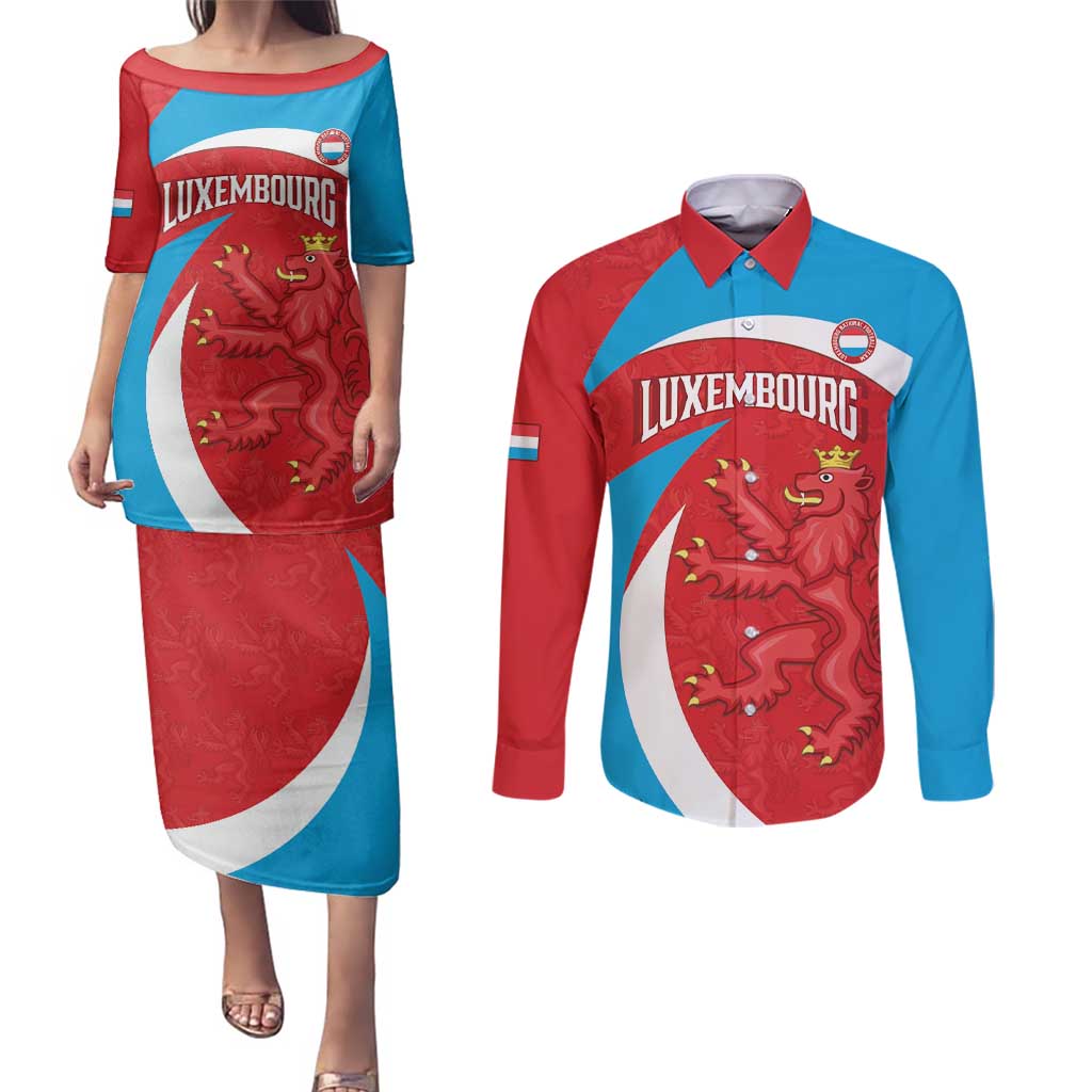 Custom Luxembourg Football Couples Matching Puletasi and Long Sleeve Button Shirt Allez Les Lions Rouges