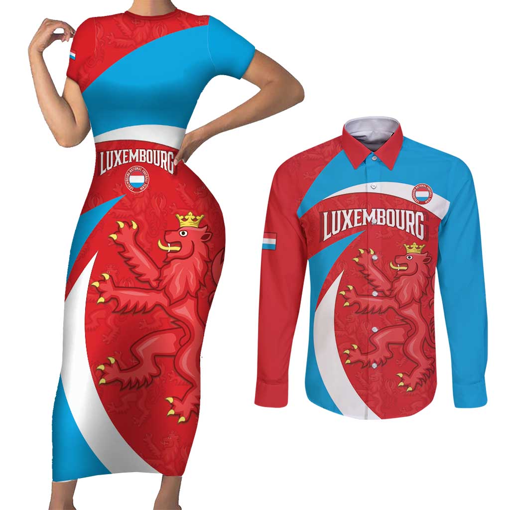 Custom Luxembourg Football Couples Matching Short Sleeve Bodycon Dress and Long Sleeve Button Shirt Allez Les Lions Rouges