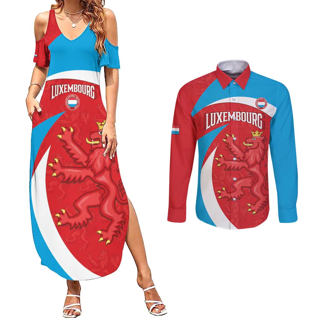 Custom Luxembourg Football Couples Matching Summer Maxi Dress and Long Sleeve Button Shirt Allez Les Lions Rouges