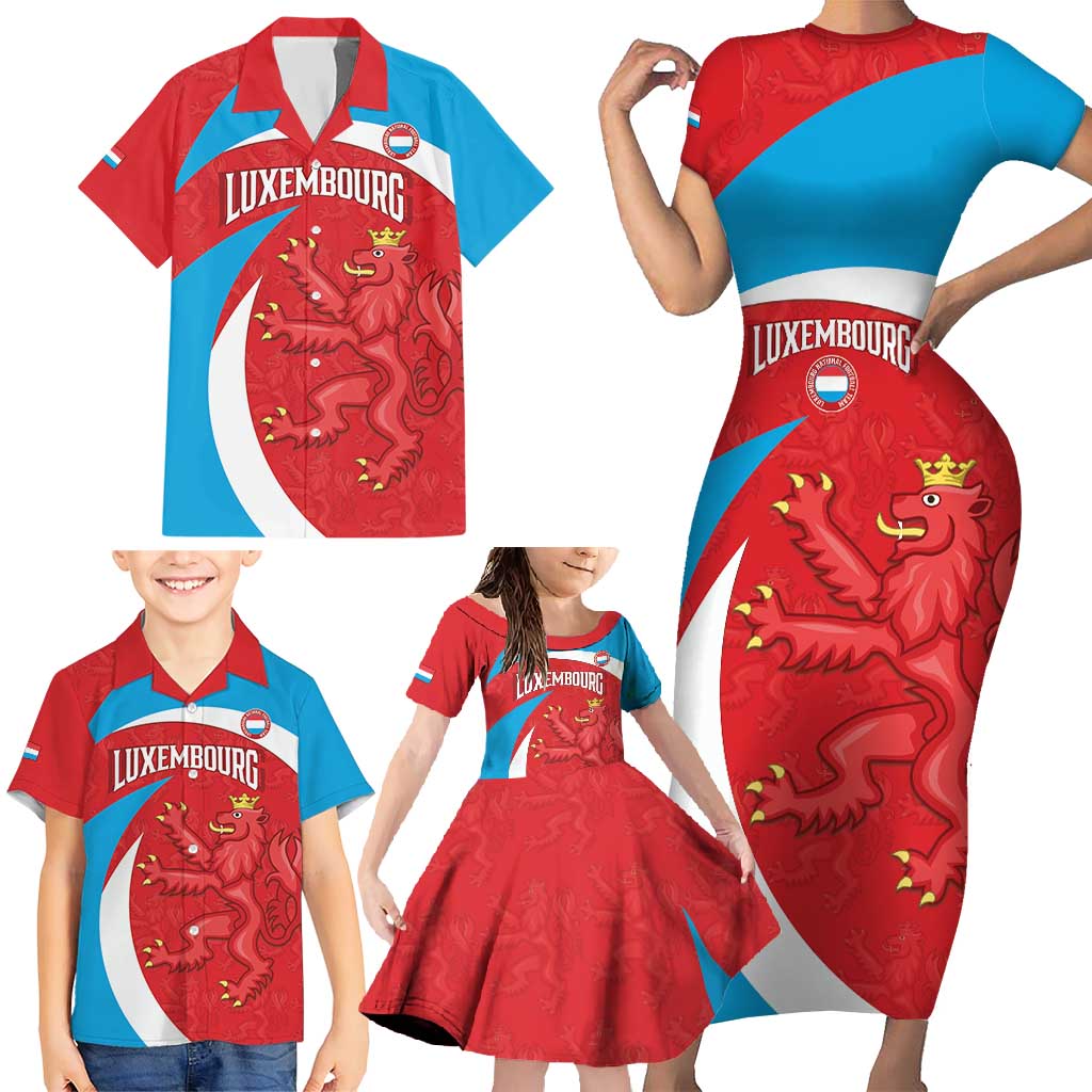 Custom Luxembourg Football Family Matching Short Sleeve Bodycon Dress and Hawaiian Shirt Allez Les Lions Rouges