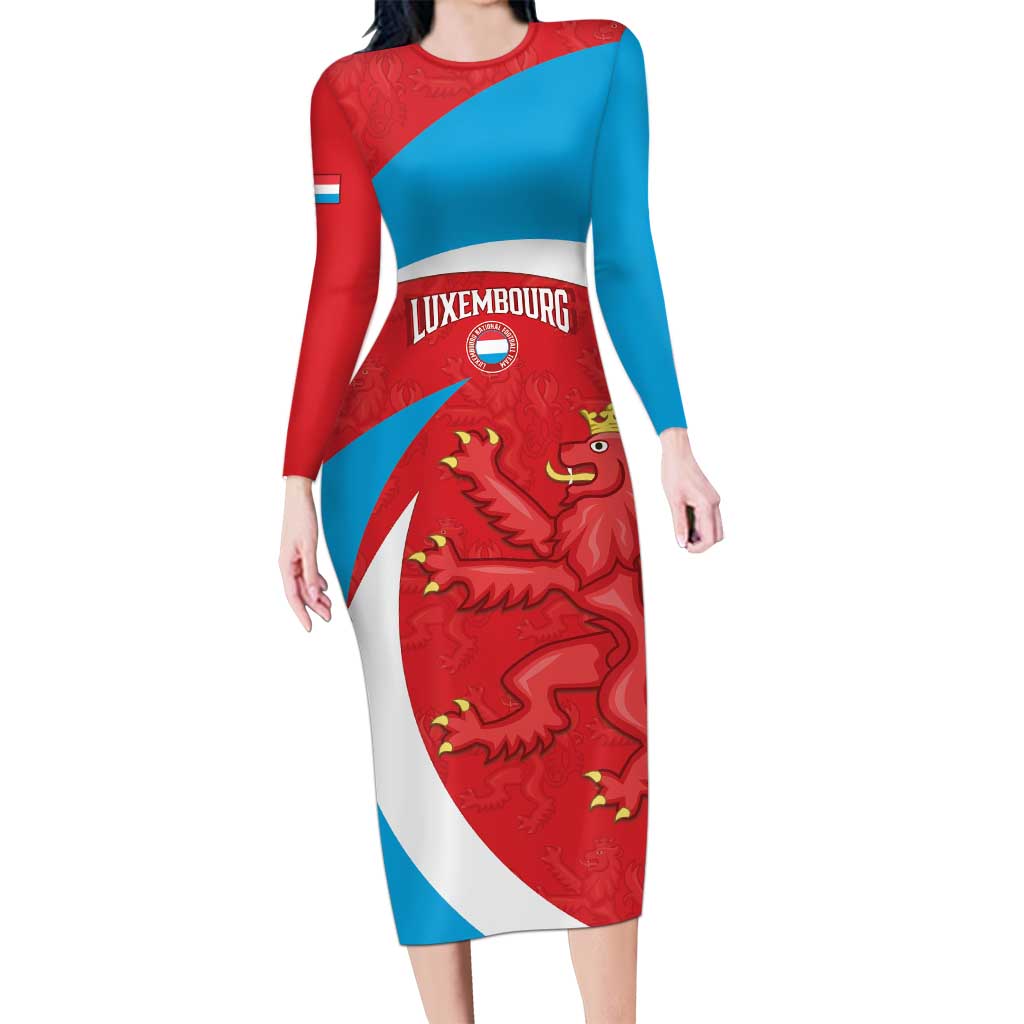 Custom Luxembourg Football Long Sleeve Bodycon Dress Allez Les Lions Rouges