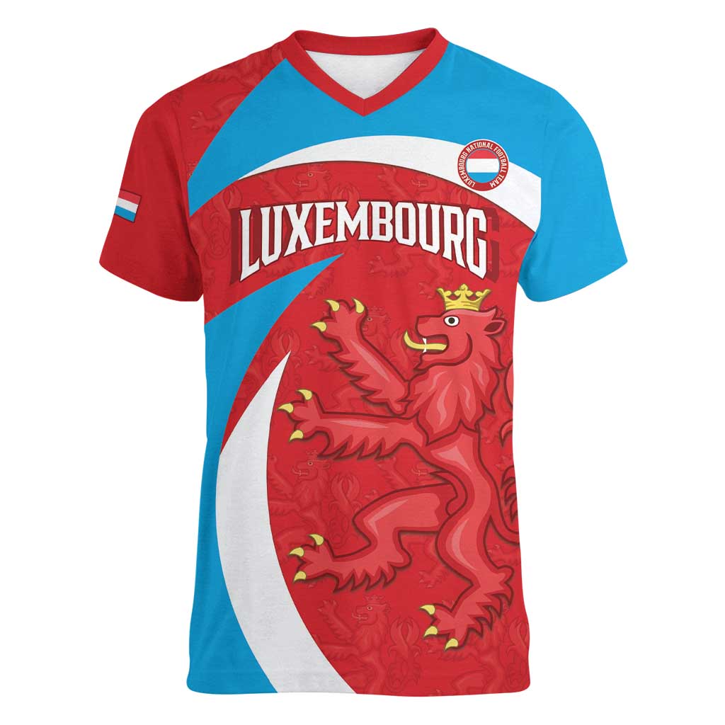 Custom Luxembourg Football Women V-Neck T-Shirt Allez Les Lions Rouges