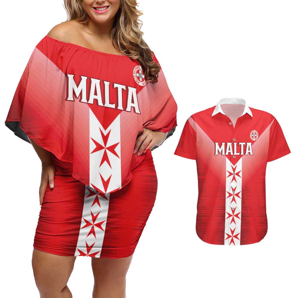 Custom Malta Football Couples Matching Off Shoulder Short Dress and Hawaiian Shirt Maltese Cross Sporty Style