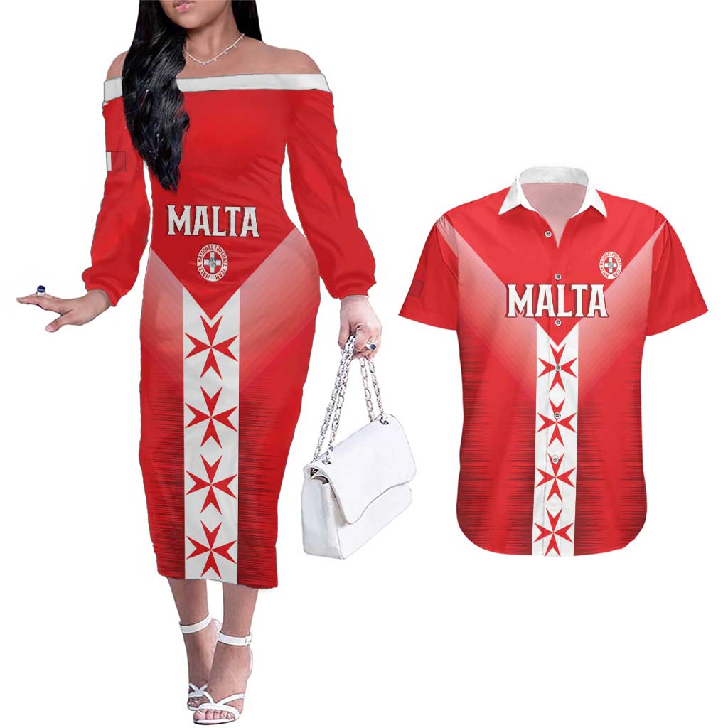 Custom Malta Football Couples Matching Off The Shoulder Long Sleeve Dress and Hawaiian Shirt Maltese Cross Sporty Style