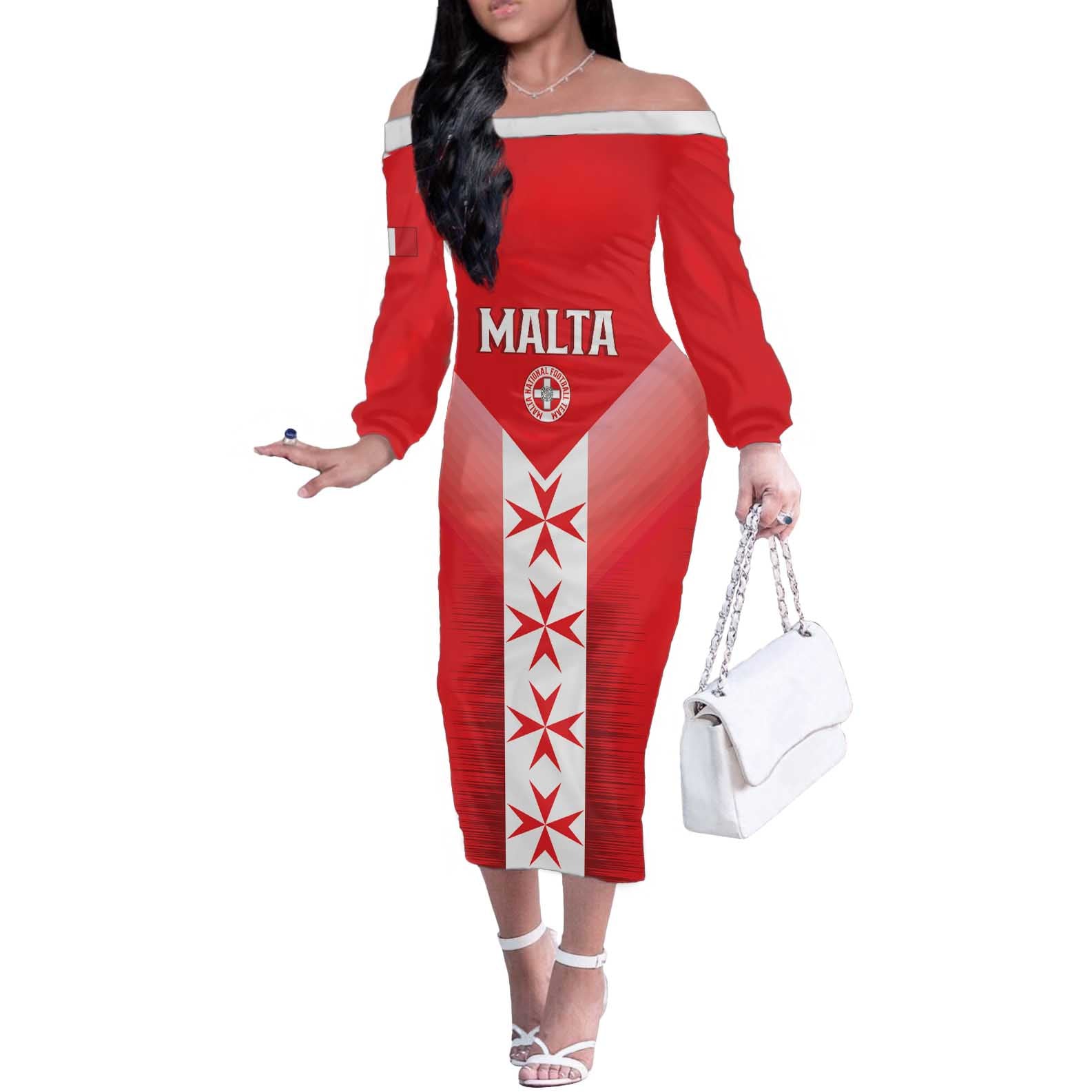 Custom Malta Football Off The Shoulder Long Sleeve Dress Maltese Cross Sporty Style