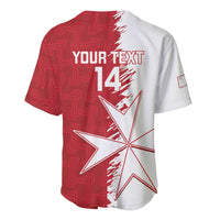 Red and white baseball jersey with V-neck, "YOUR TEXT 14" and starburst print