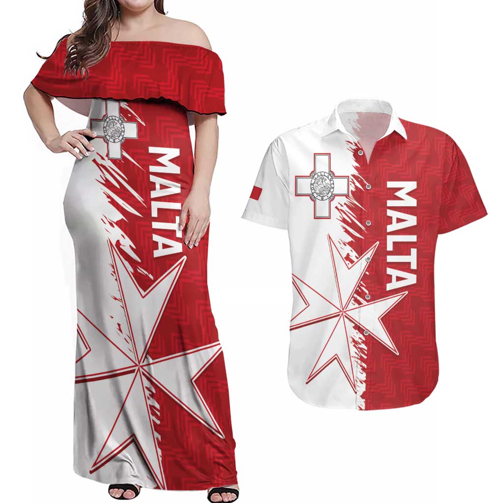 Custom Malta Football Couples Matching Off Shoulder Maxi Dress and Hawaiian Shirt Go Champions Flag Style