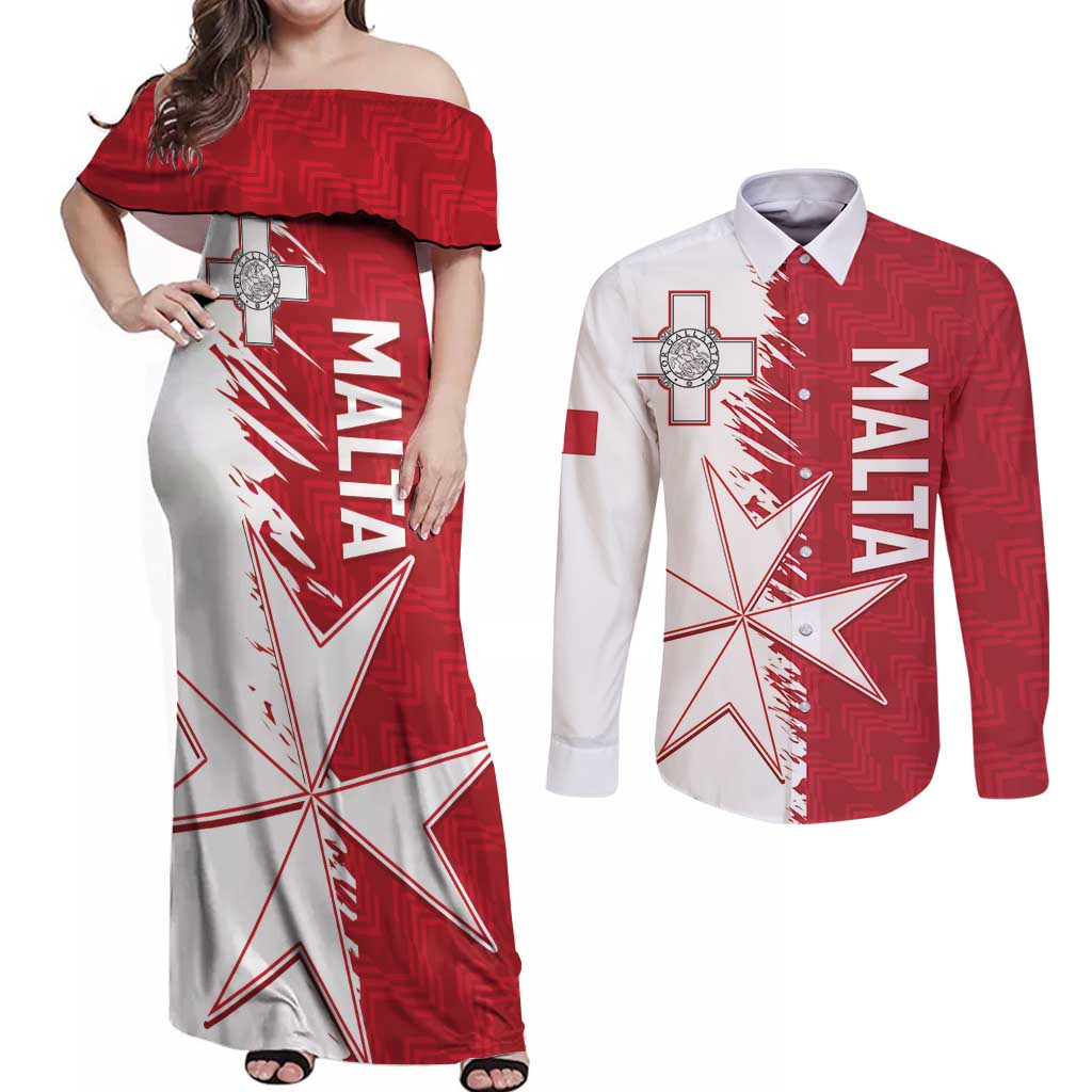 Custom Malta Football Couples Matching Off Shoulder Maxi Dress and Long Sleeve Button Shirt Go Champions Flag Style