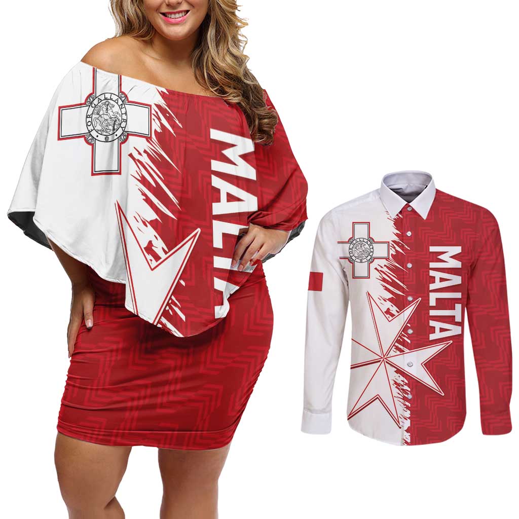 Custom Malta Football Couples Matching Off Shoulder Short Dress and Long Sleeve Button Shirt Go Champions Flag Style