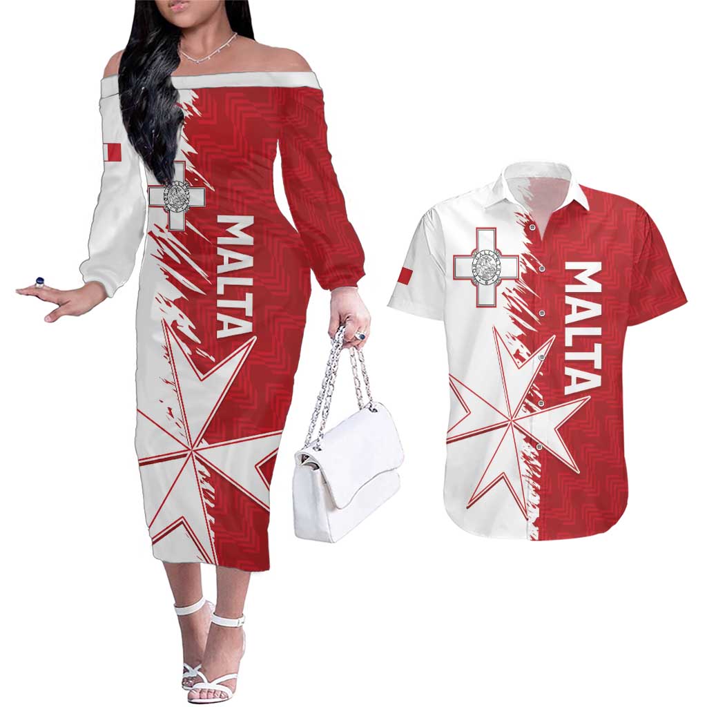 Custom Malta Football Couples Matching Off The Shoulder Long Sleeve Dress and Hawaiian Shirt Go Champions Flag Style