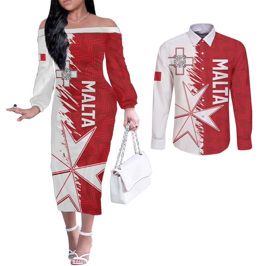 Custom Malta Football Couples Matching Off The Shoulder Long Sleeve Dress and Long Sleeve Button Shirt Go Champions Flag Style