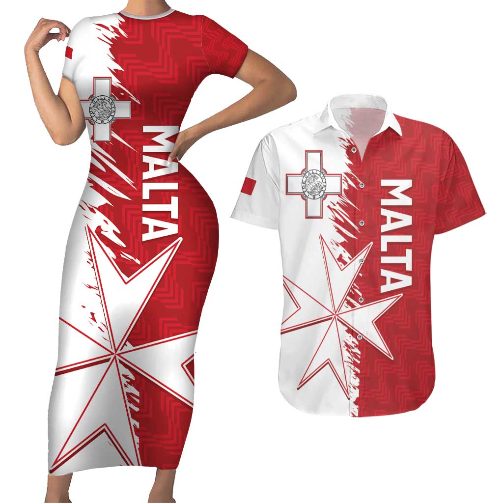 Custom Malta Football Couples Matching Short Sleeve Bodycon Dress and Hawaiian Shirt Go Champions Flag Style