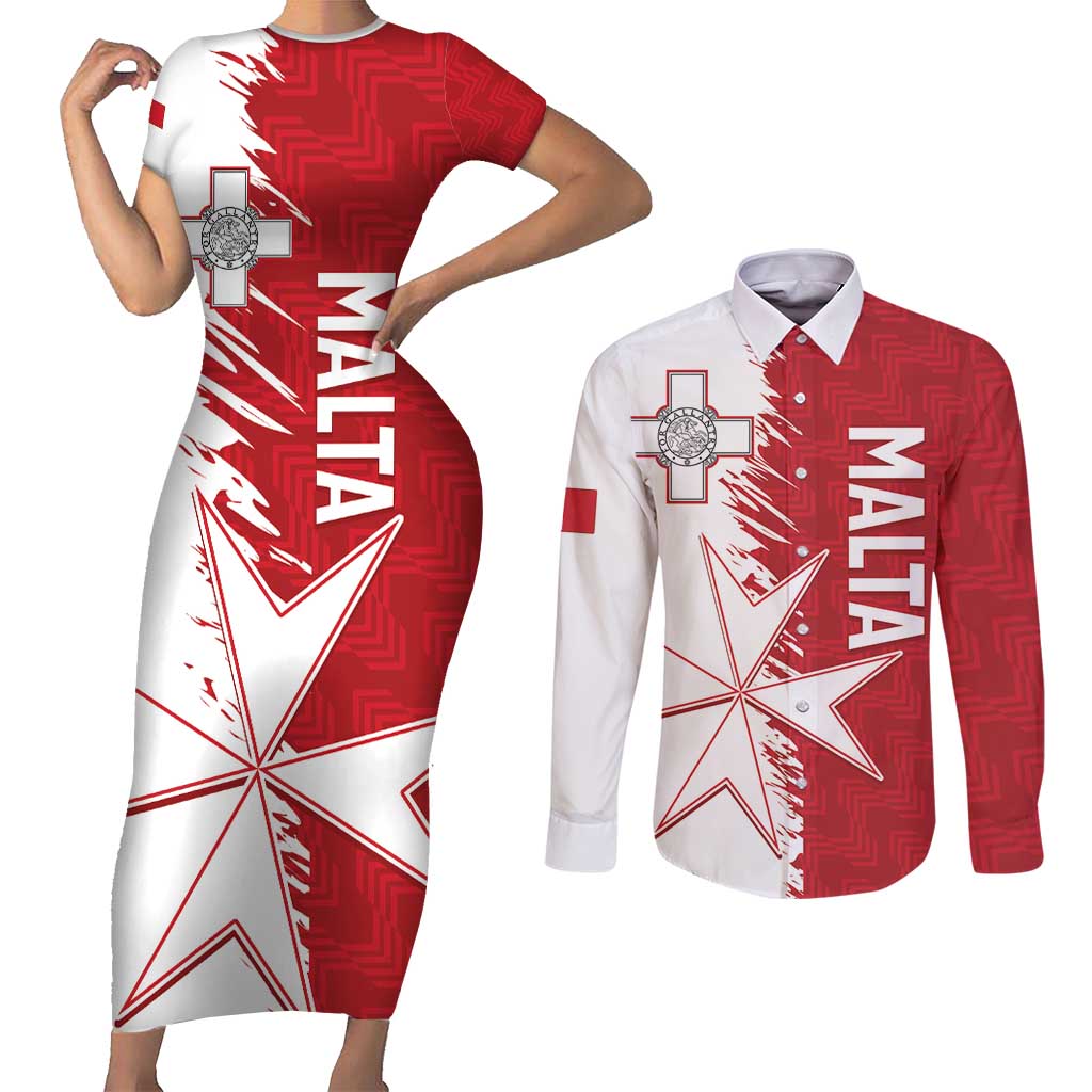 Custom Malta Football Couples Matching Short Sleeve Bodycon Dress and Long Sleeve Button Shirt Go Champions Flag Style