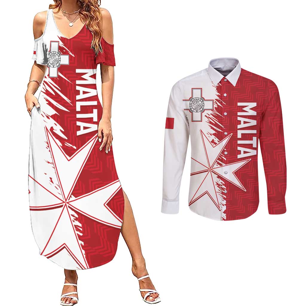 Custom Malta Football Couples Matching Summer Maxi Dress and Long Sleeve Button Shirt Go Champions Flag Style