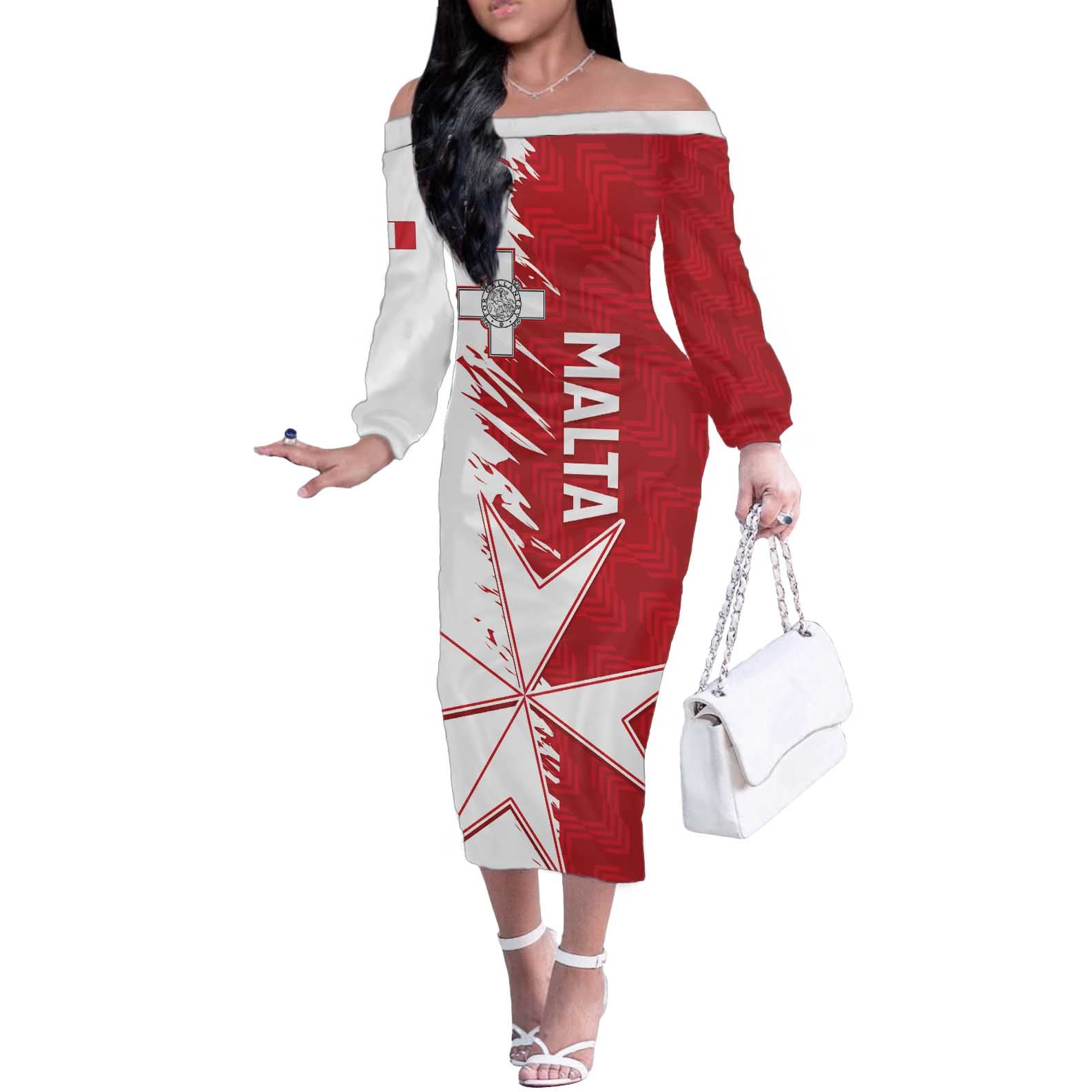 Custom Malta Football Off The Shoulder Long Sleeve Dress Go Champions Flag Style