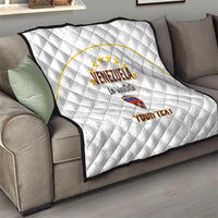 White quilt on sofa with diamond stitching, Venezuela emblem, “La Vinotinto” and “YOUR TEXT”
