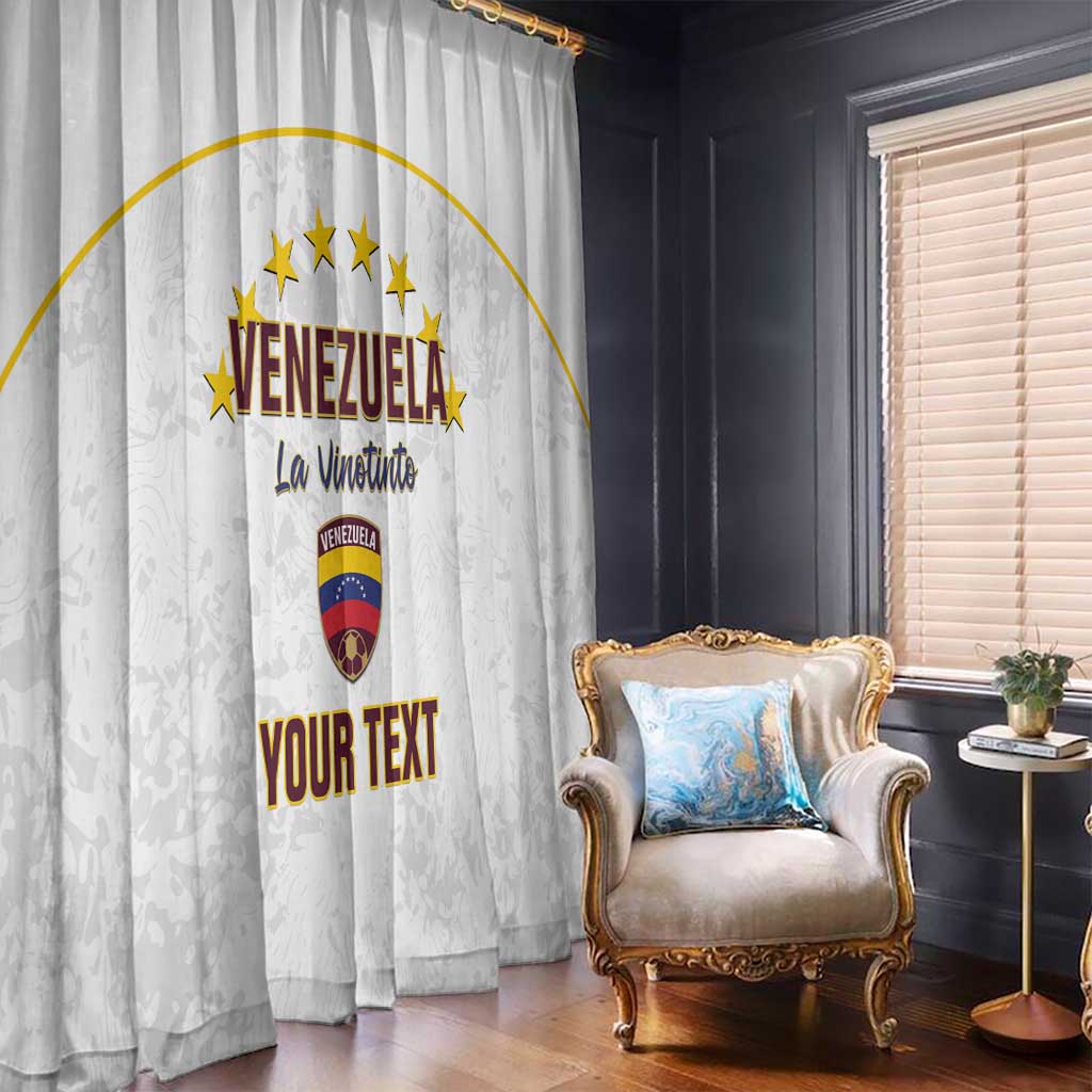 White window curtain with Venezuela emblem, gold stars, and custom text print