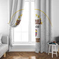 White window curtain with side drape tieback, Venezuela crest, gold stars, and text