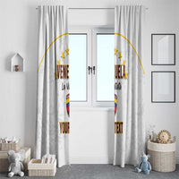 White window curtain pair with Venezuela crest, gold stars, and custom text areas
