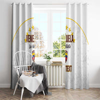 White window curtain with Venezuela crest and gold stars, custom text panel