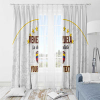 White window curtain with Venezuela crest, gold stars, and custom text design