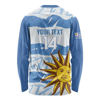 Blue long-sleeve football shirt back with customizable text, number 14, sun emblem