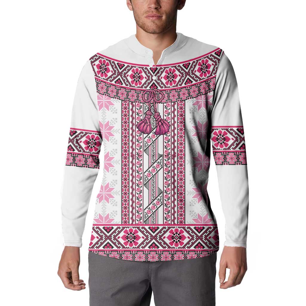 Ukraine Button Sweatshirt Traditional Braided Rope Belt Pink Folk Pattern