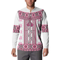 Ukraine Button Sweatshirt Traditional Braided Rope Belt Pink Folk Pattern