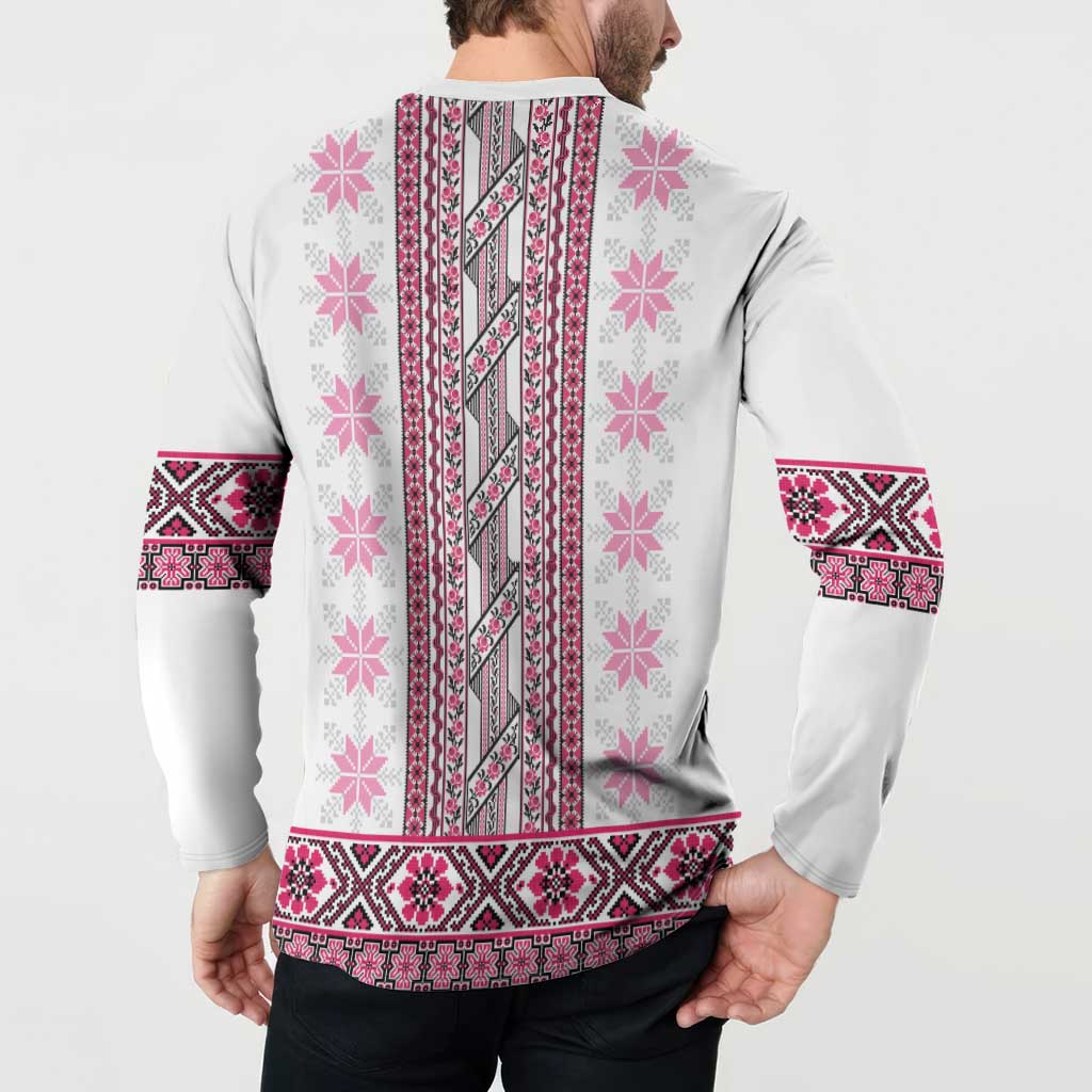 Ukraine Button Sweatshirt Traditional Braided Rope Belt Pink Folk Pattern