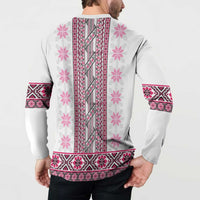 Ukraine Button Sweatshirt Traditional Braided Rope Belt Pink Folk Pattern