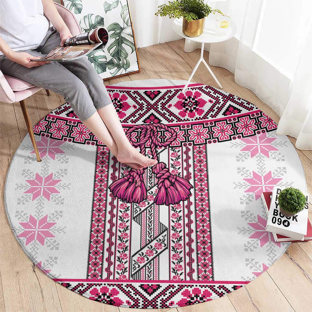 Ukraine Round Carpet Traditional Braided Rope Belt Pink Folk Pattern
