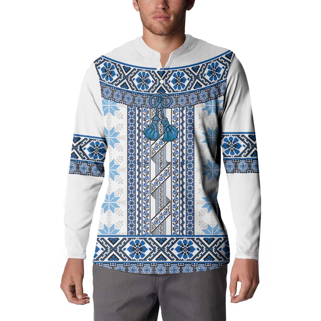 Ukraine Button Sweatshirt Traditional Braided Rope Belt Blue Folk Pattern
