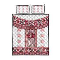 Ukraine Quilt Bed Set Traditional Braided Rope Belt Red Folk Pattern