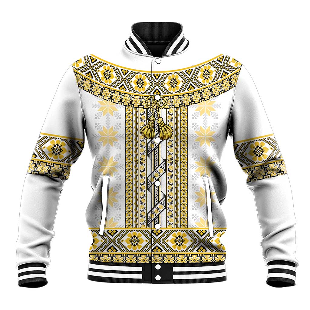 Ukraine Baseball Jacket Traditional Braided Rope Belt Yellow Folk Pattern