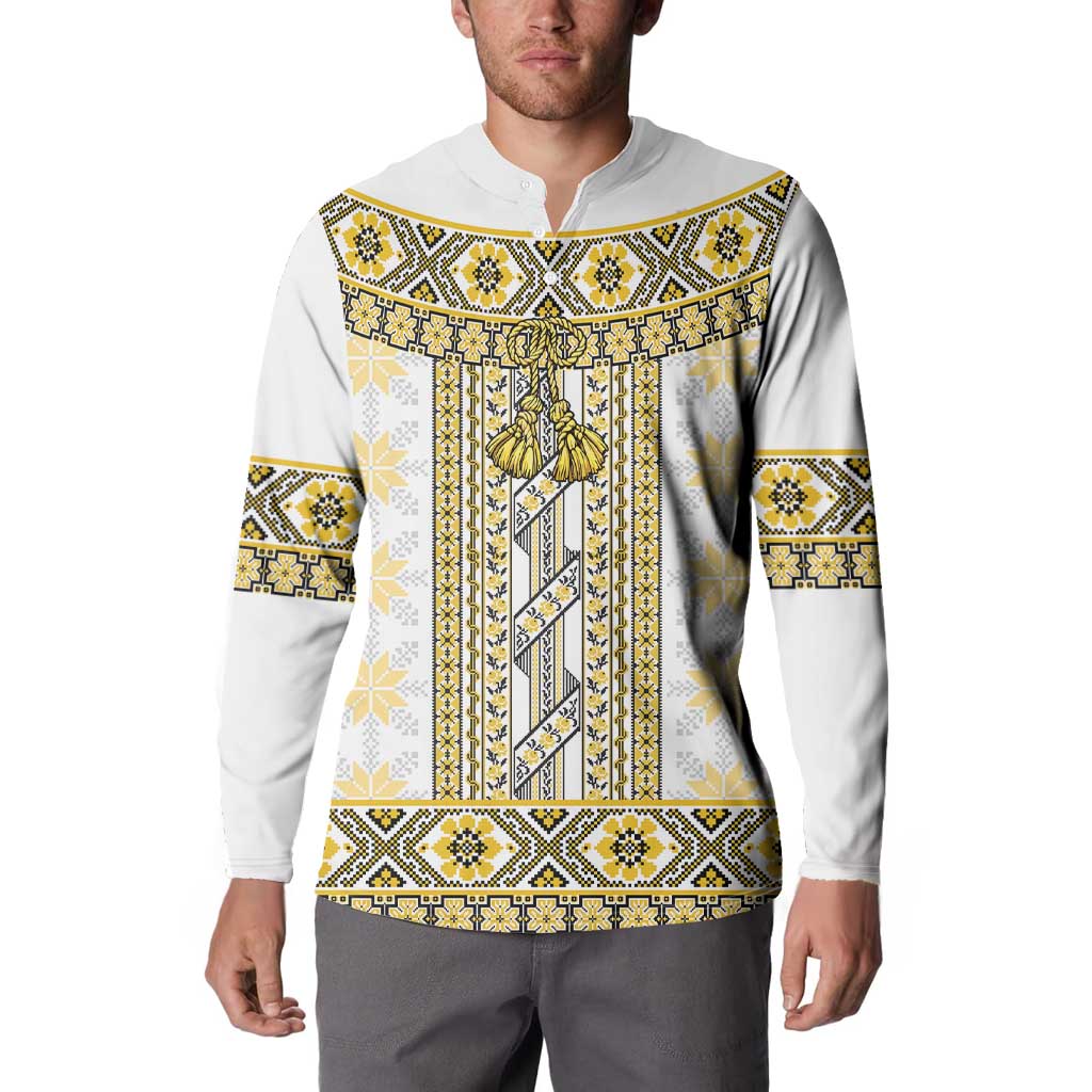 Ukraine Button Sweatshirt Traditional Braided Rope Belt Yellow Folk Pattern