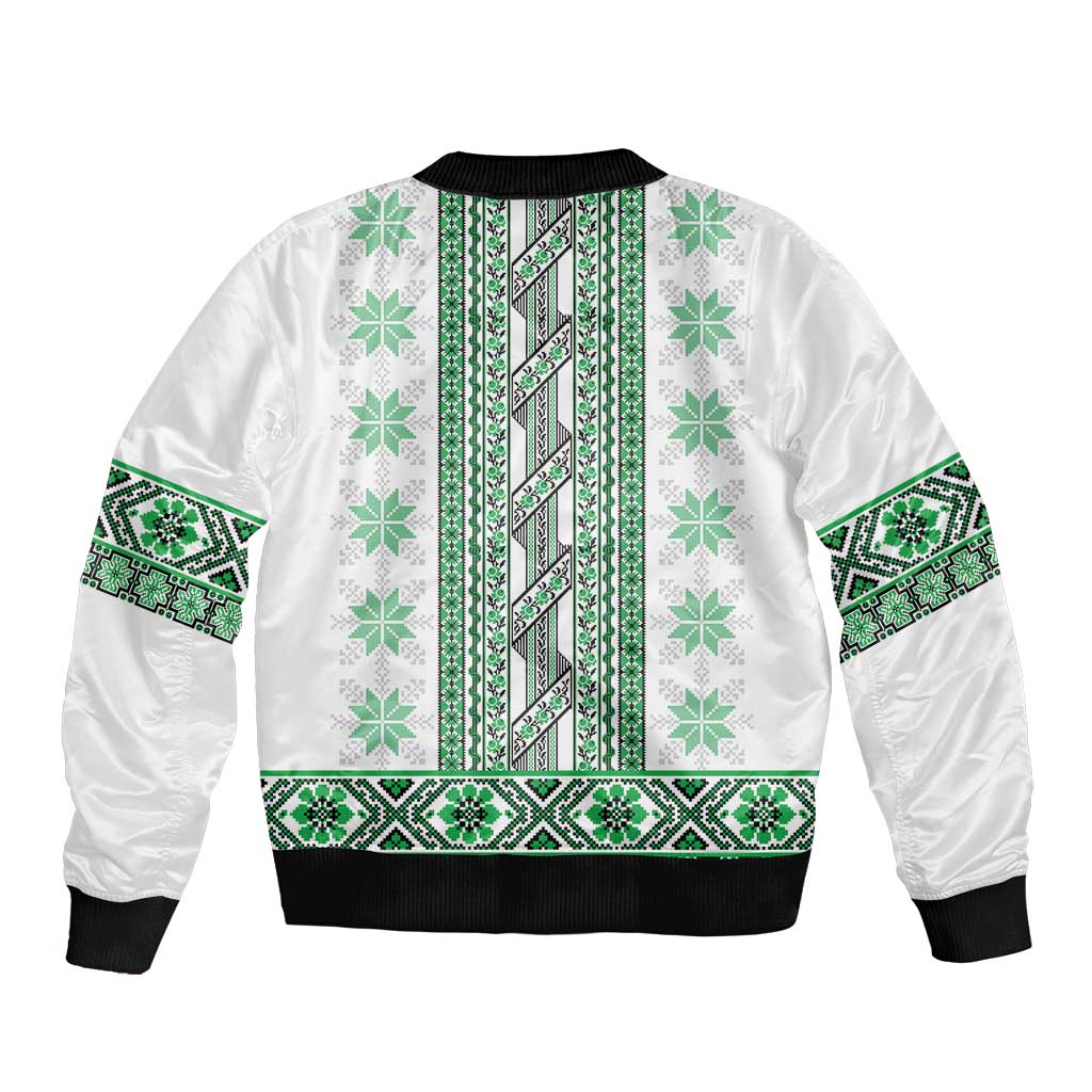 Ukraine Bomber Jacket Traditional Braided Rope Belt Green Folk Pattern