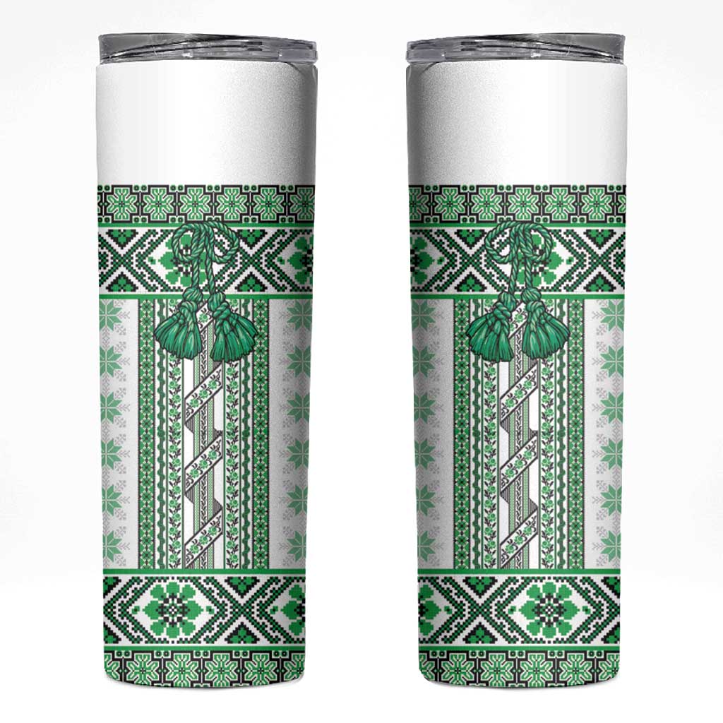Ukraine Skinny Tumbler Traditional Braided Rope Belt Green Folk Pattern