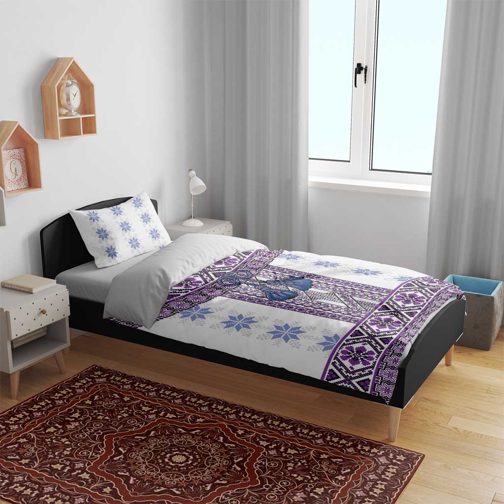 Ukraine Bedding Set Traditional Braided Rope Belt Purple Folk Pattern