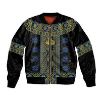 Black bomber jacket with blue and yellow folk embroidered panel and zip front