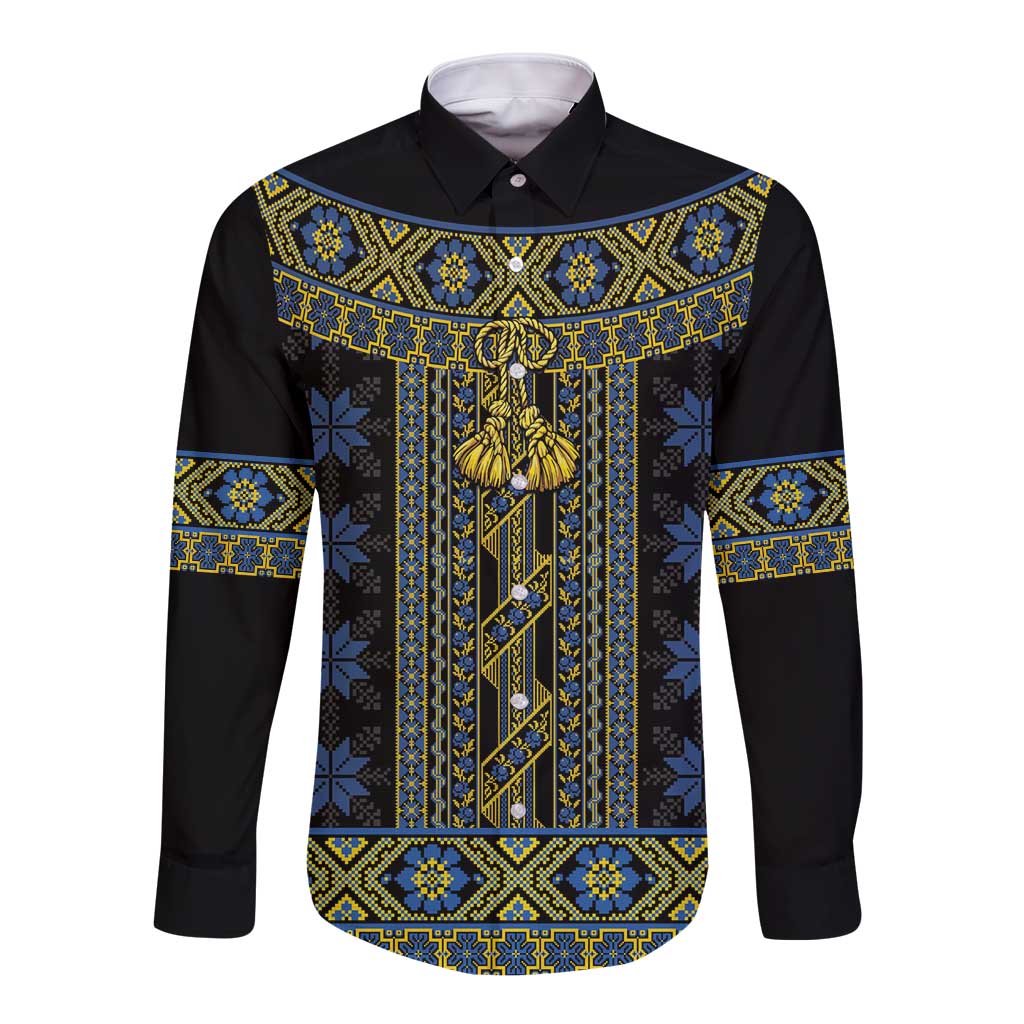 Ukraine Long Sleeve Button Shirt Traditional Braided Rope Belt Folk Pattern National Color