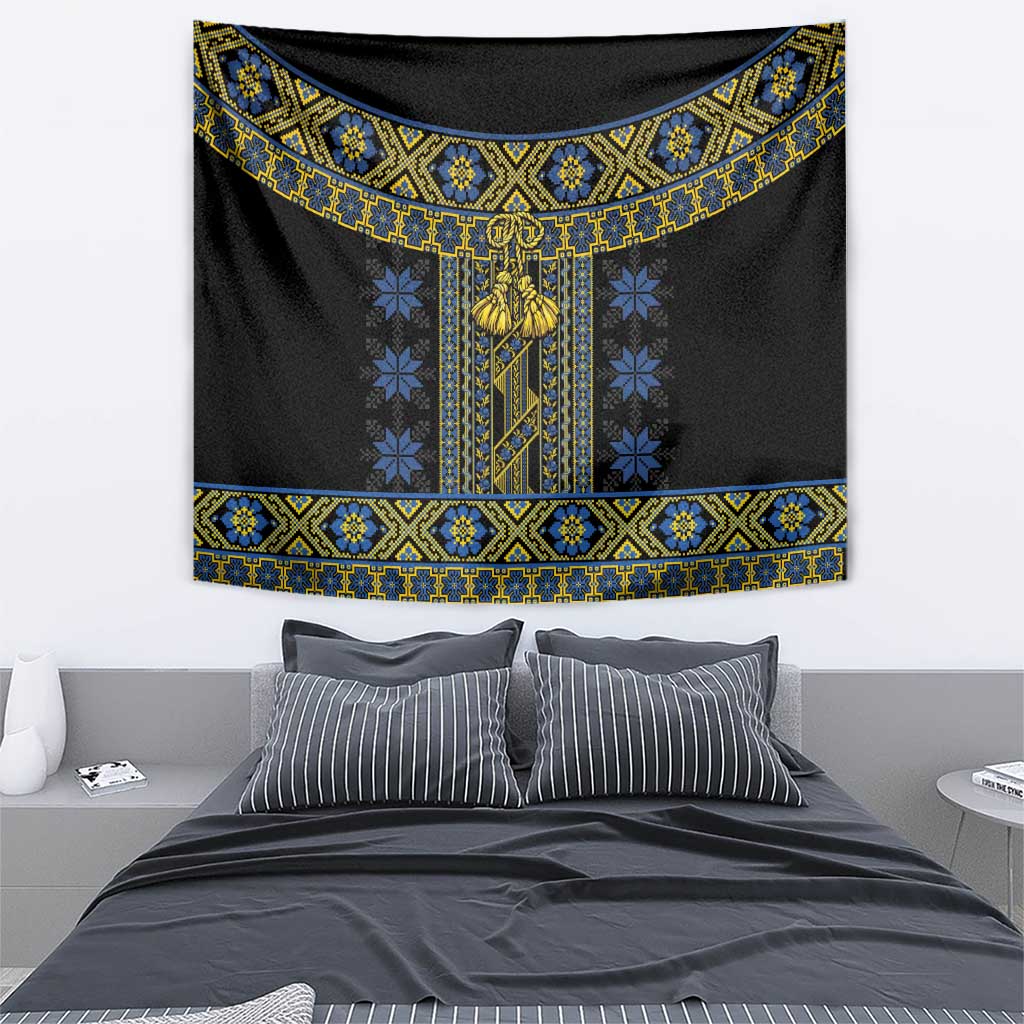 Black folk tapestry featuring blue and gold geometric bands and ornate central motif
